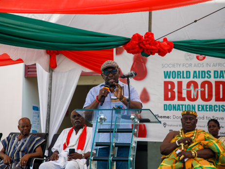 Mr. Luc Armand H. Bodea, ICASA Director/SAA Coordinator, giving his speech during the World AIDS Day Blood Donation Exercise at the National Blood Service Headquarters, Korle Bu, Accra