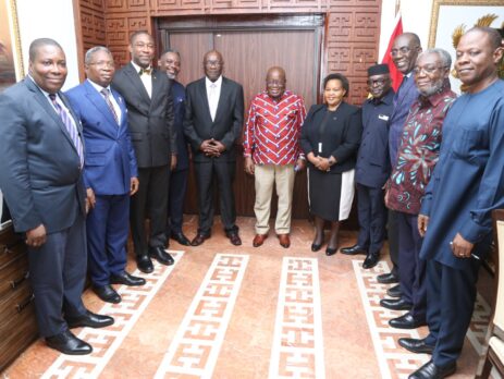 ICASA 2025 Assessment: A group photography of ICASA Assessment Team (Hon. Dr. David Pagwesese Parirenyatwa, SAA President/ICASA President, Mr. Luc Armand Bodea, ICASA Director/SAA Coordinator and Dr. Emmy J. Chesire, SAA Board member) with the President of Ghana, H.E. Nana Addo Dankwa Akufo-Addo, Hon. Dr. Bernard Okoe Boye, Minister of Health, Chief Directors, Director General, Ghana AIDS Commission, Program Manager, National AIDS Control Programme and other Stakeholders at the Jubilee House, Accra - Ghana on the 11 of July 2024
