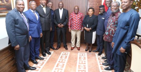 H. E. Nana Addo Dankwa Akufo-Addo, President of the Republic of Ghana, with Hon. Dr. David Pagwesese Parirenyatwa, ICASA 2025 President, Dr. Bernard Okoe-Boye, Minister of Health, Dr. Emmy Chesire, SAA Executive Board member, Mr. Luc Armand Bodea, ICASA Director, Dr. Patrick Kuma-Aboagye, Director General, Ghana Health service, Dr. Anthony Nsiah Asare, Presidential Advisor on Health, Dr. Kyeremeh Atuahene, Director General, Ghana AIDS Commission, Dr. Stephen Ayisi Addo, Programme Manager, NACP and Prof. Kwasi Torpey, Dean, School of Public Health, University of Ghana, at Jubilee House, Accra-Ghana